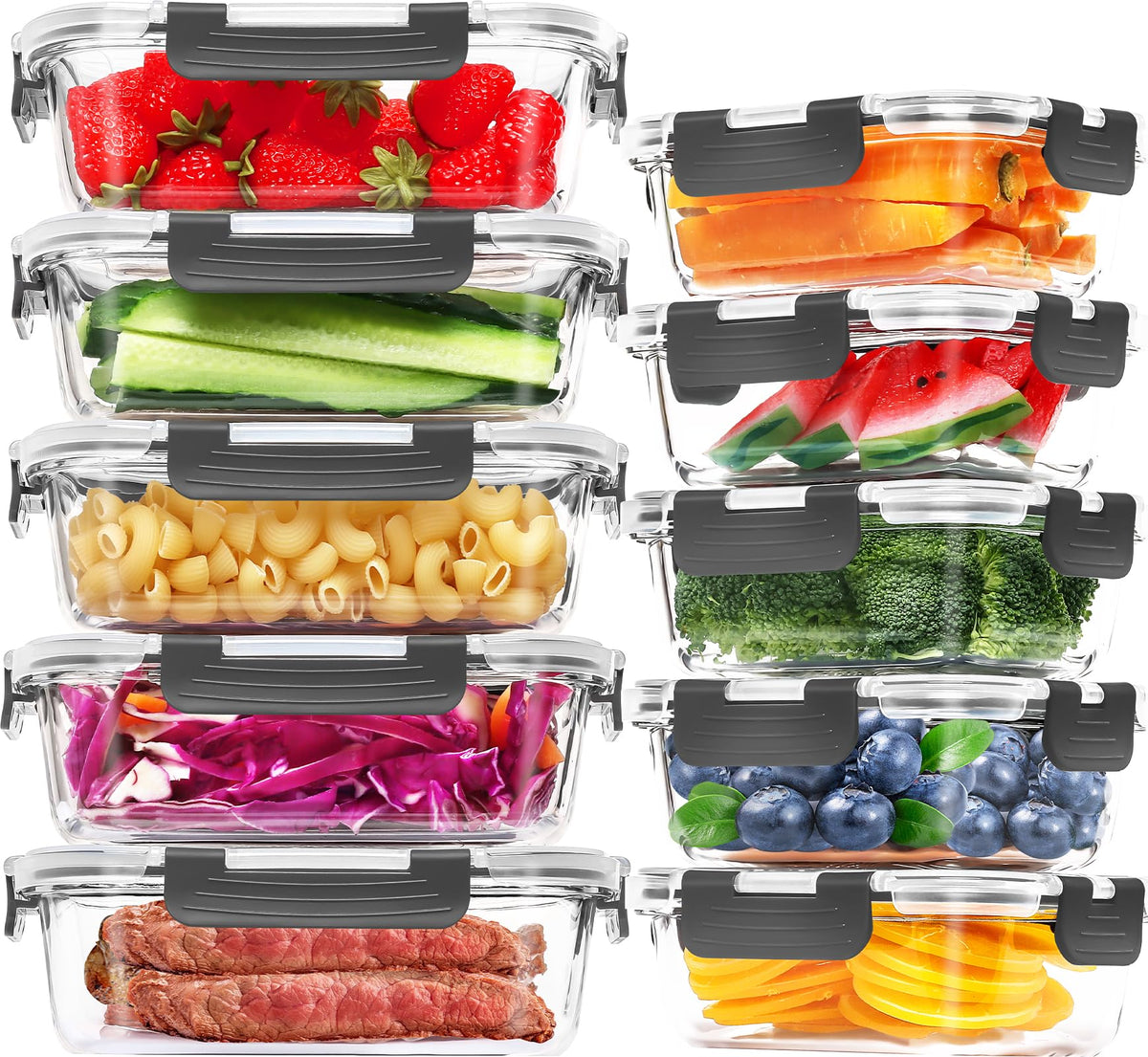 Skroam 10-pack 1040ml rectangular glass containers for bulk meal prep.
