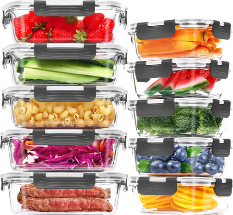 Skroam 10-pack 1040ml rectangular glass containers for bulk meal prep.