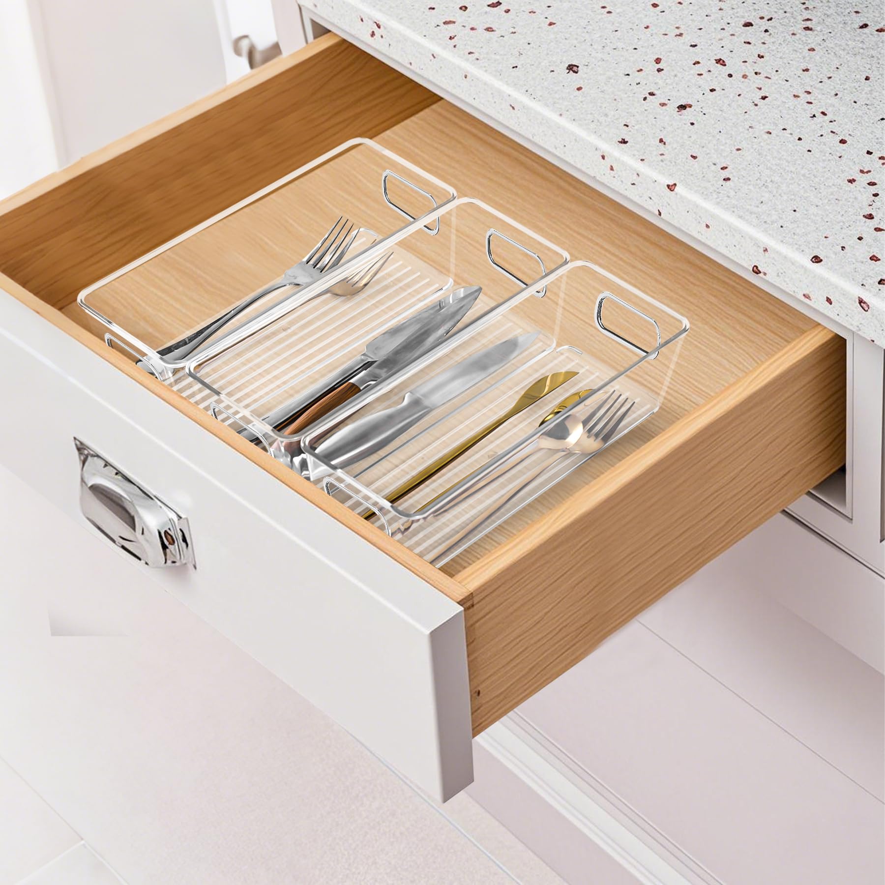 Vanity drawer organization with SKTKSE clear bins for cosmetics and accessories