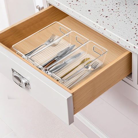 Vanity drawer organization with SKTKSE clear bins for cosmetics and accessories