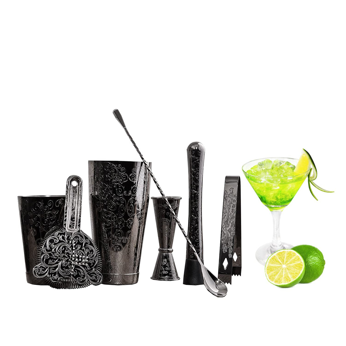 Sky Fish 7-piece Bartender Kit with Boston shaker tins enhances elegant home cocktails.