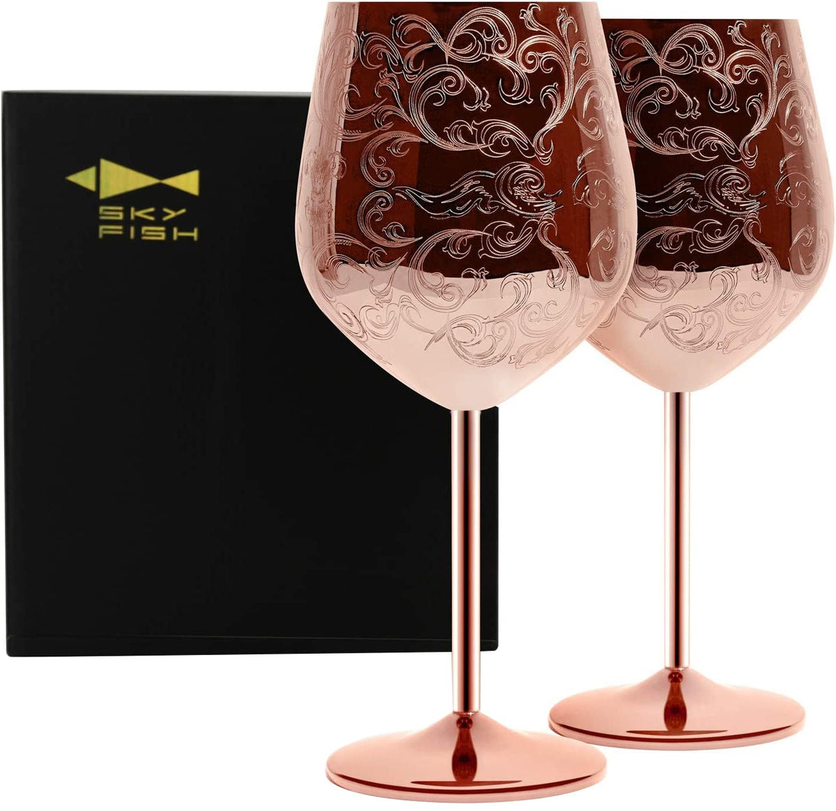 Sky Fish etched stainless steel wine glasses with copper plating, ideal for elegant entertaining.