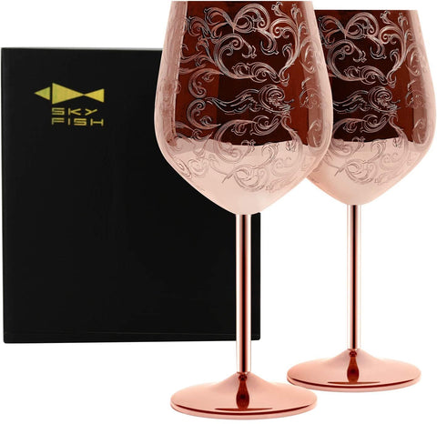 Sky Fish etched stainless steel wine glasses with copper plating, ideal for elegant entertaining.