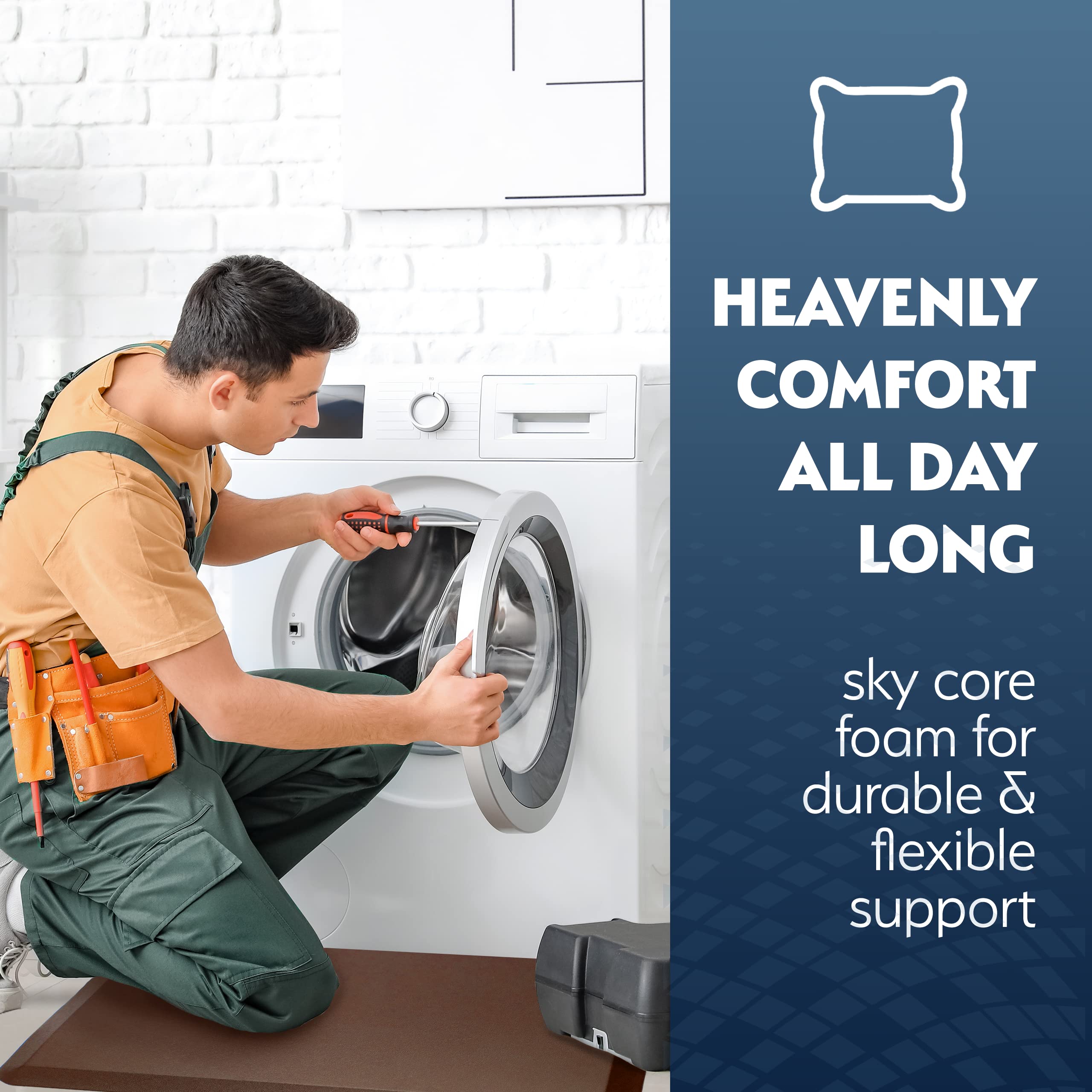 Sky Solutions anti-fatigue mat diamond-top detail highlighting spill resistance and easy wipe cleaning.
