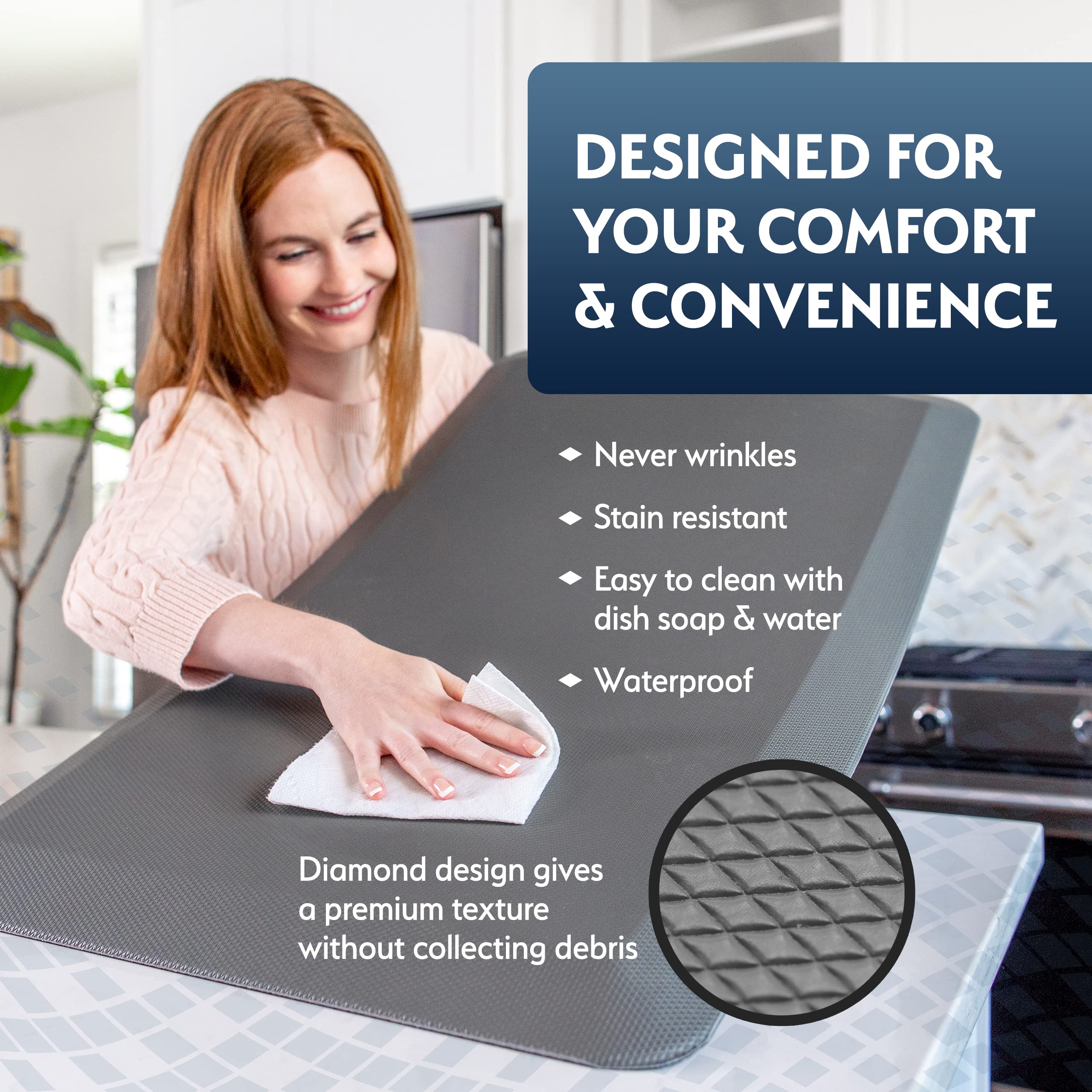 Sky Solutions anti-fatigue mat non-slip bottom on floor improves stability during kitchen tasks.