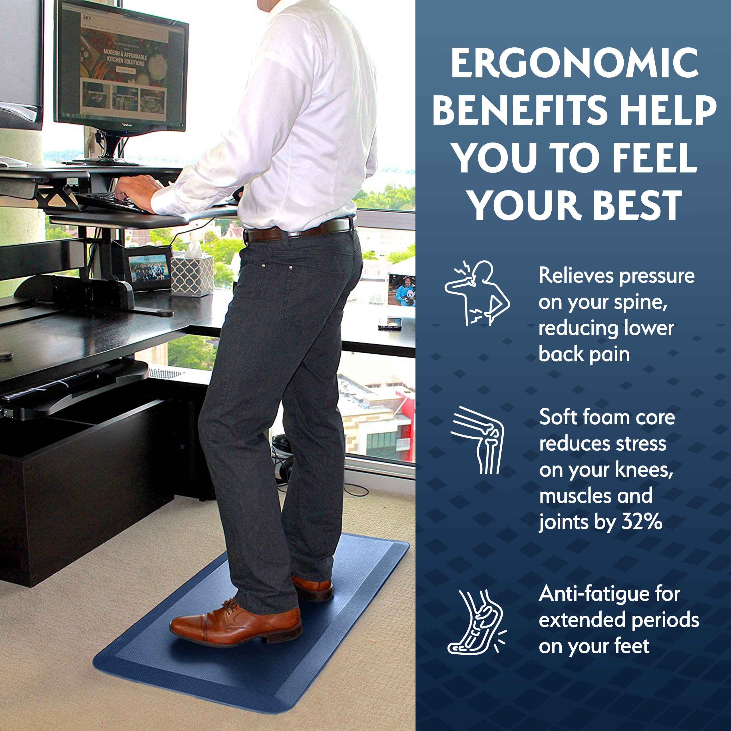 Sky Solutions anti-fatigue mat standing desk setup for office use improves comfort.