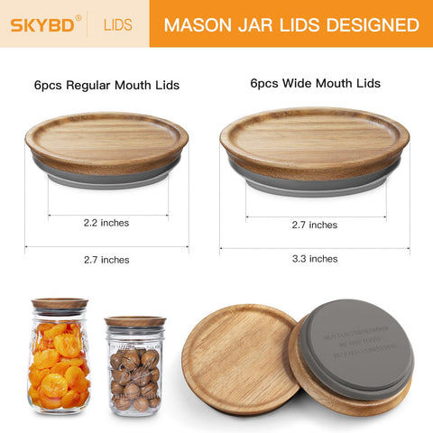 SkyBD acacia mason jar lids, wide mouth, airtight seal for pantry organization.