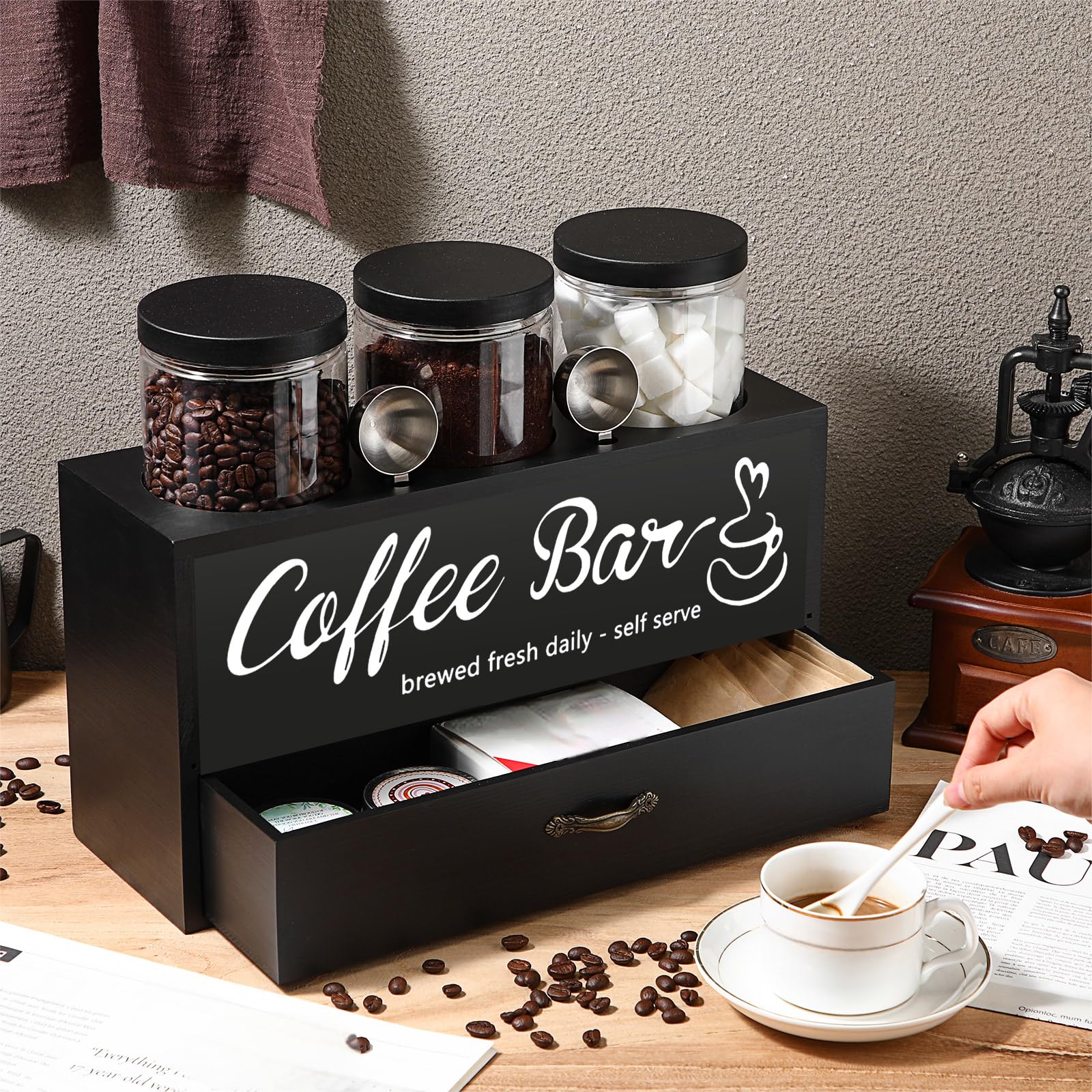 Skybooly black coffee canister set adds modern aesthetic to coffee bar.