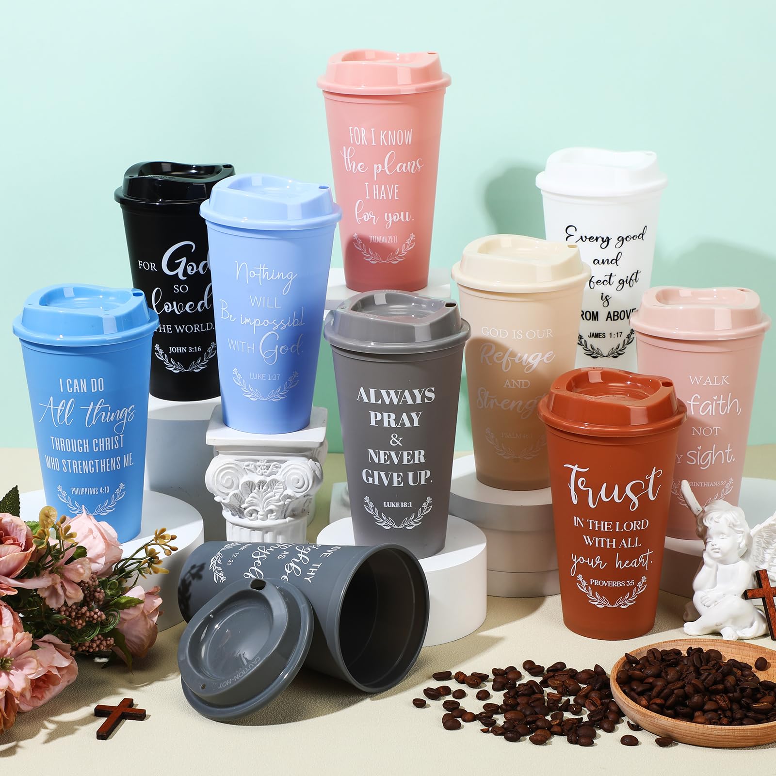 Skylety 16oz plastic cups with spill-resistant lids for hot or cold drinks