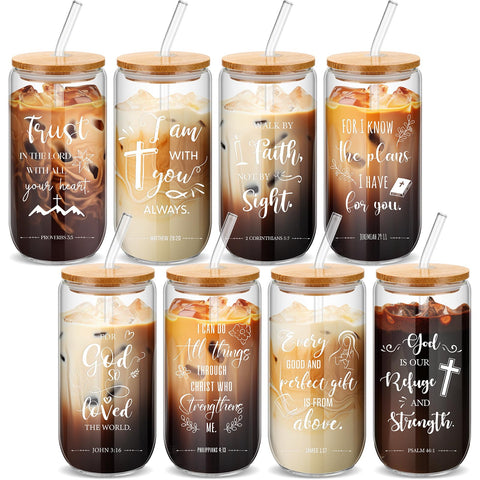 Skylety Christian glass cups 8-set with lids and straws for easy, stylish hydration.