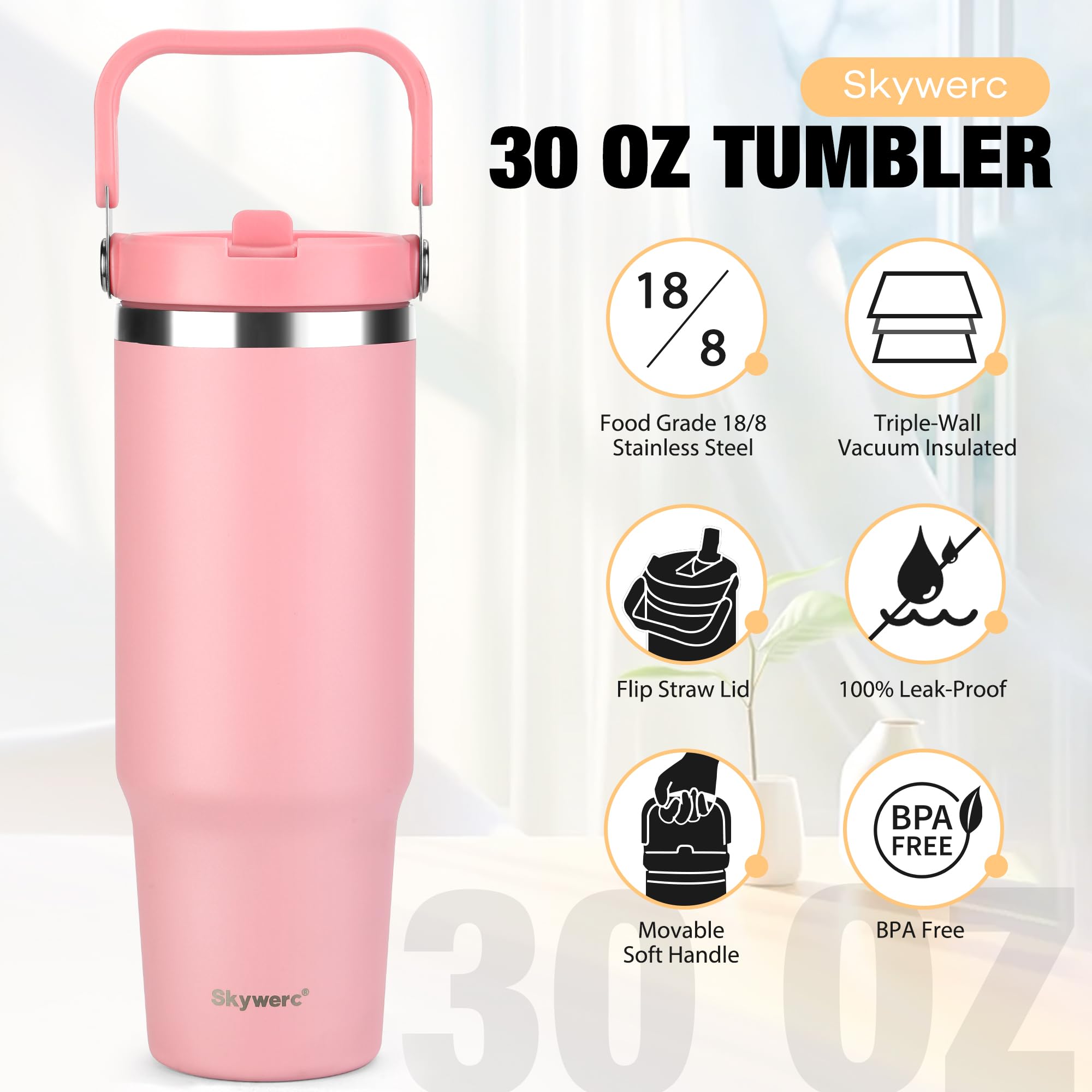 Skywerc 30oz insulated tumbler keeps drinks cold and hot for hours.