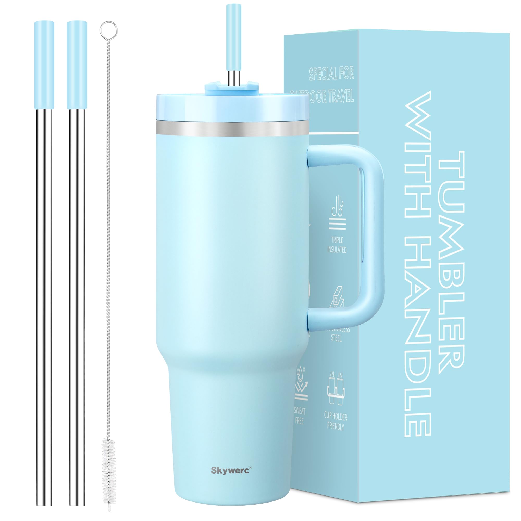 Skywerc 40 oz tumbler with handle for easy portability and on-the-go hydration.