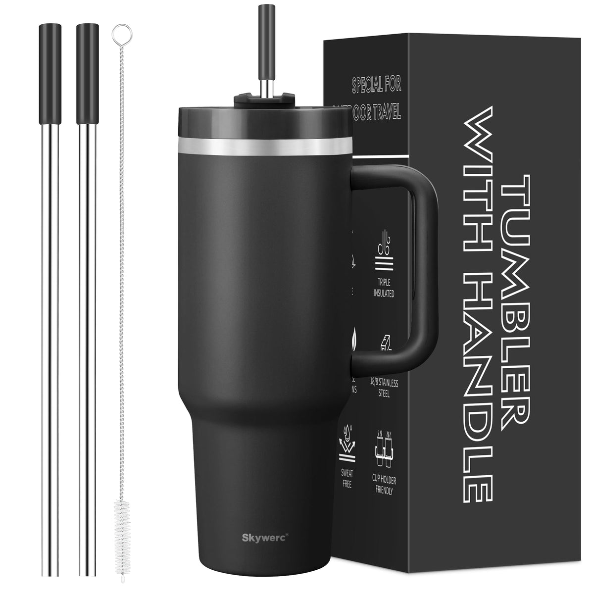 Skywerc 40oz tumbler with handle fits most car cupholders for on-the-go hydration.