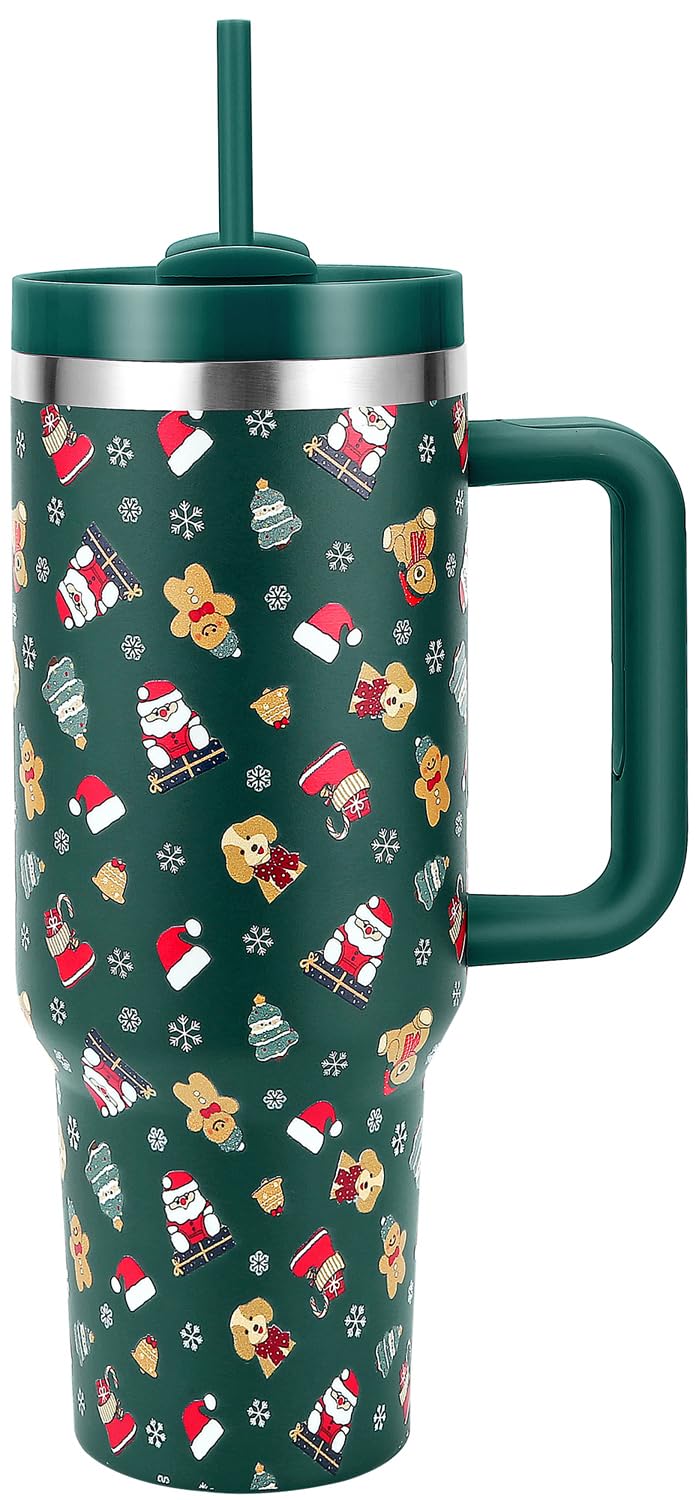 Skywerc Christmas tumbler with handle in green Santa Bear design, ideal for on-the-go beverages.