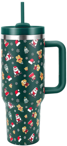 Skywerc Christmas tumbler with handle in green Santa Bear design, ideal for on-the-go beverages.