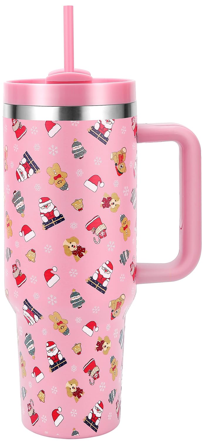 Skywerc pink Santa Bear tumbler with handle keeps drinks cold during daily commute