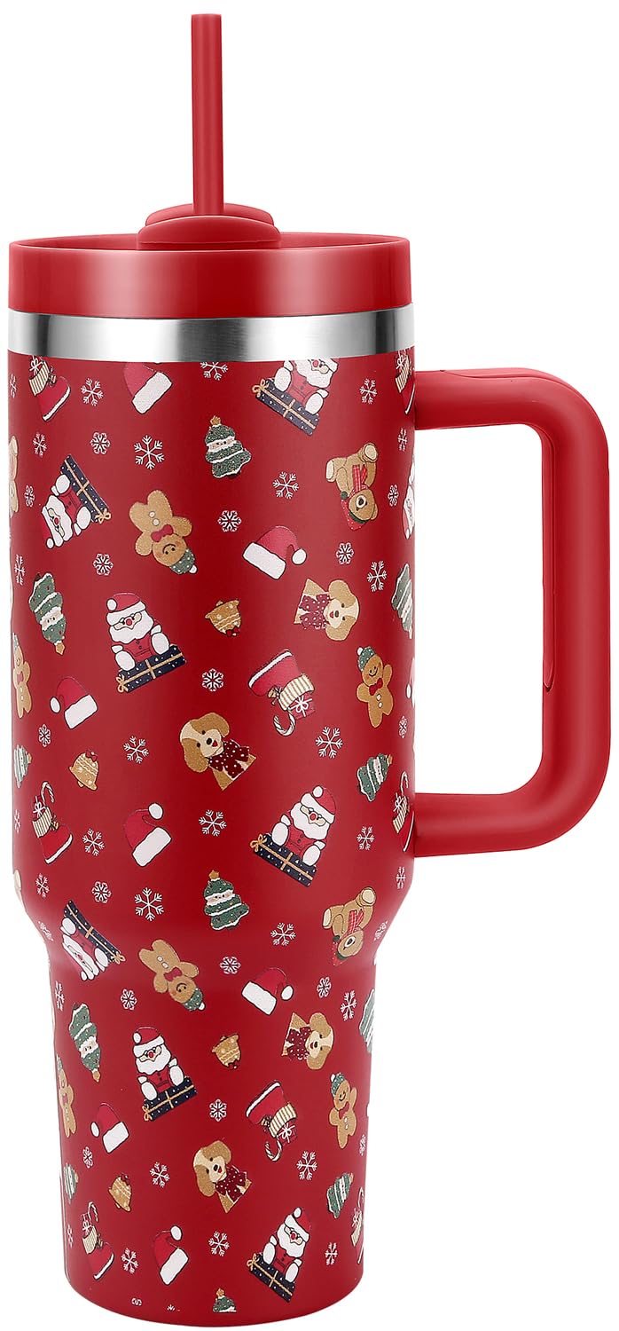 Skywerc Christmas tumbler with handle and Santa Bear pattern keeps drinks festive on the go.