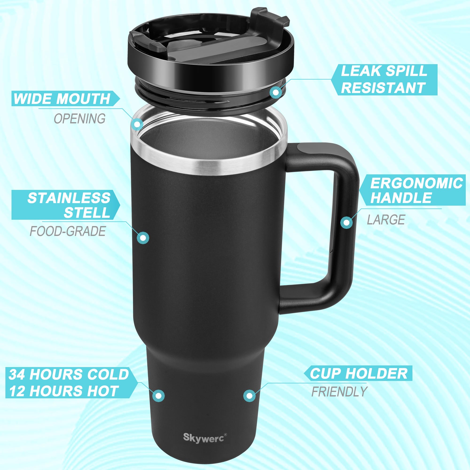 Skywerc tumbler fits most cup holders for travel and daily commuting.