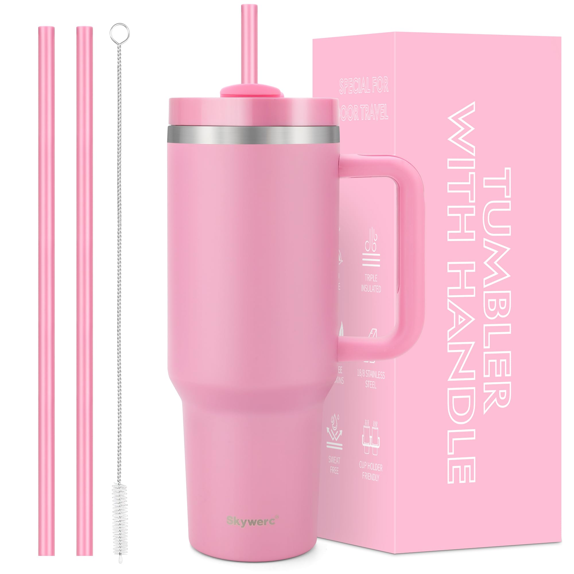 Skywerc 40oz tumbler with handle in peony pink for easy on-the-go hydration.