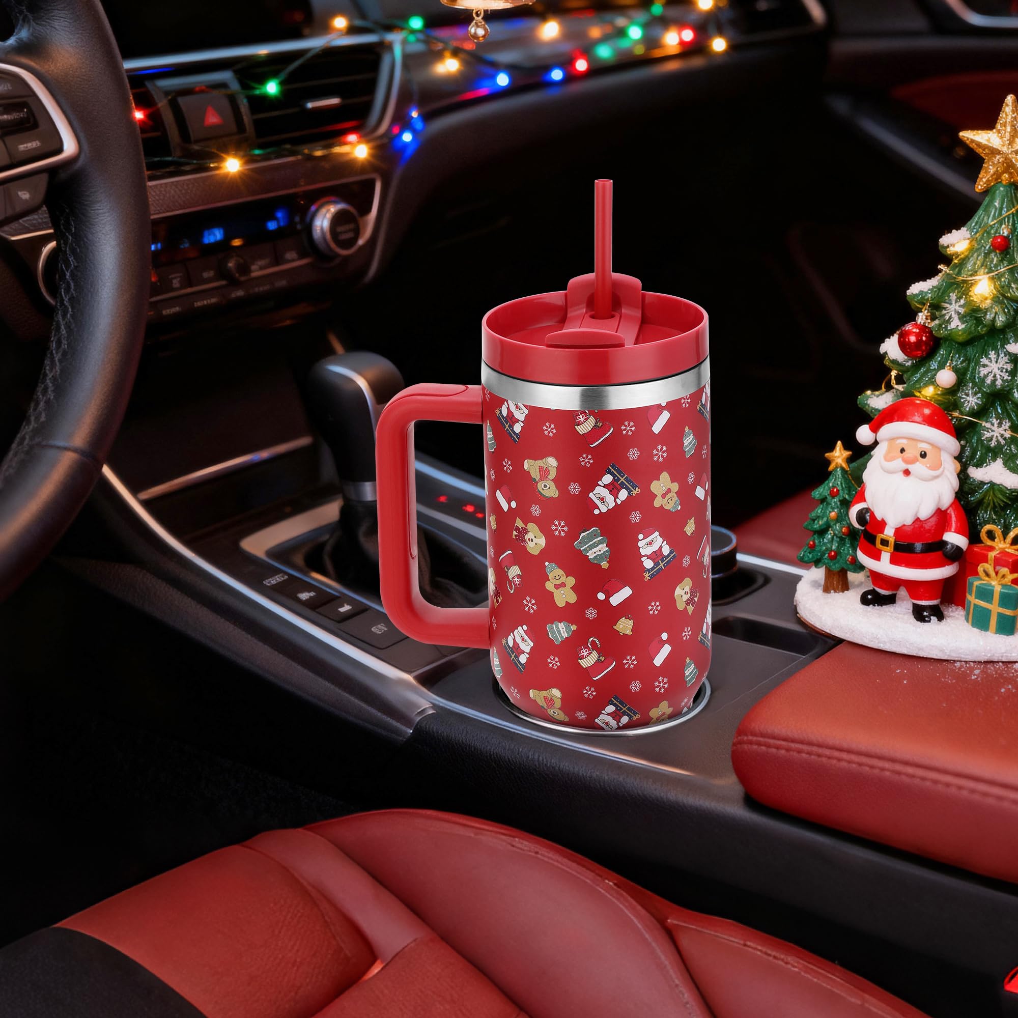 Skywerc stainless steel Christmas mug with festive pattern adds holiday charm to drinks.