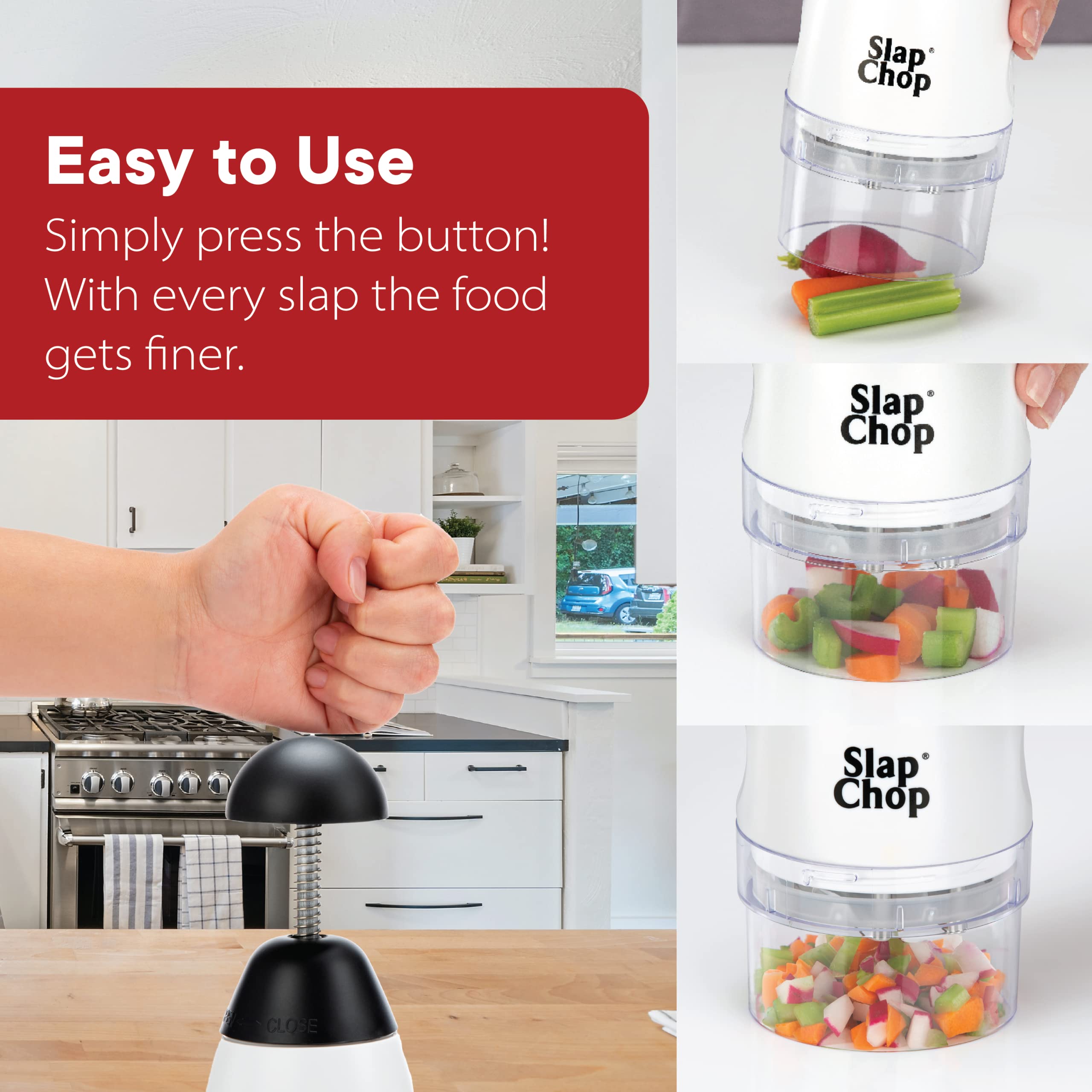 Slap Chop large cup captures chopped ingredients for organized prep.