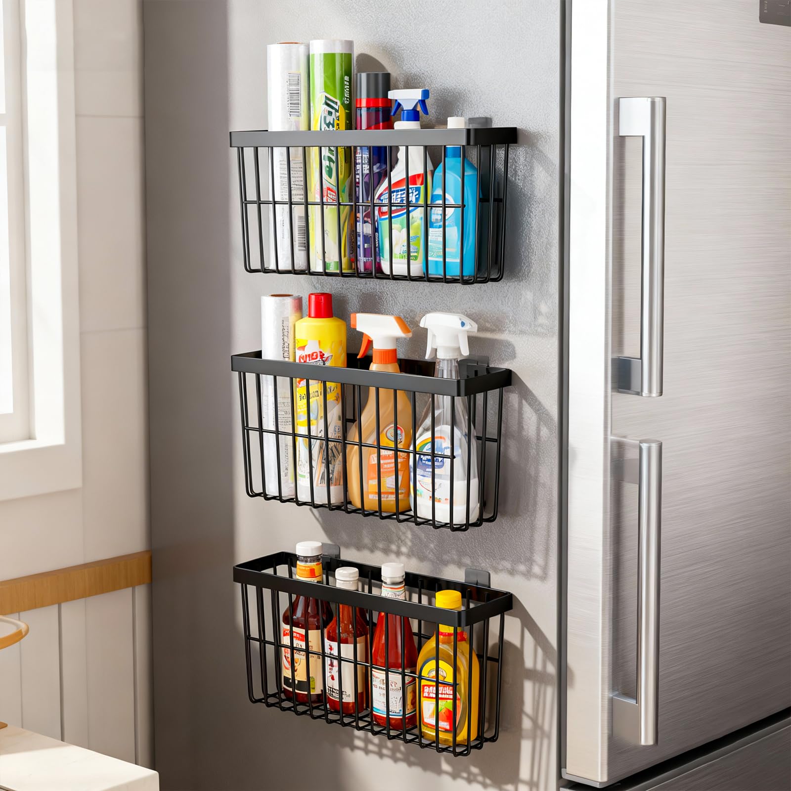 SleekStore 3-piece cabinet door storage box set mounted on a kitchen door for spice jar organization.