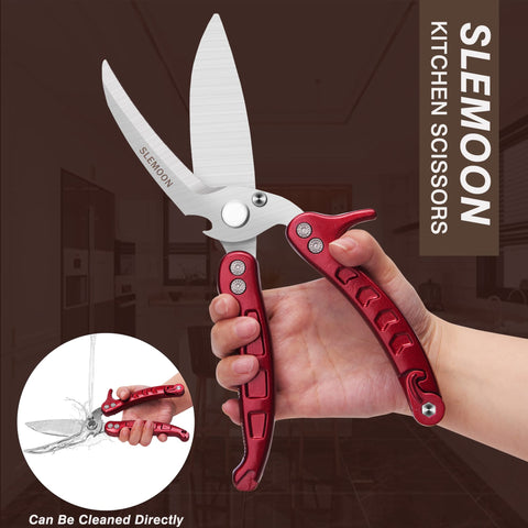 SLEMOON poultry shears feature micro-serrated blade for non-slip cutting.