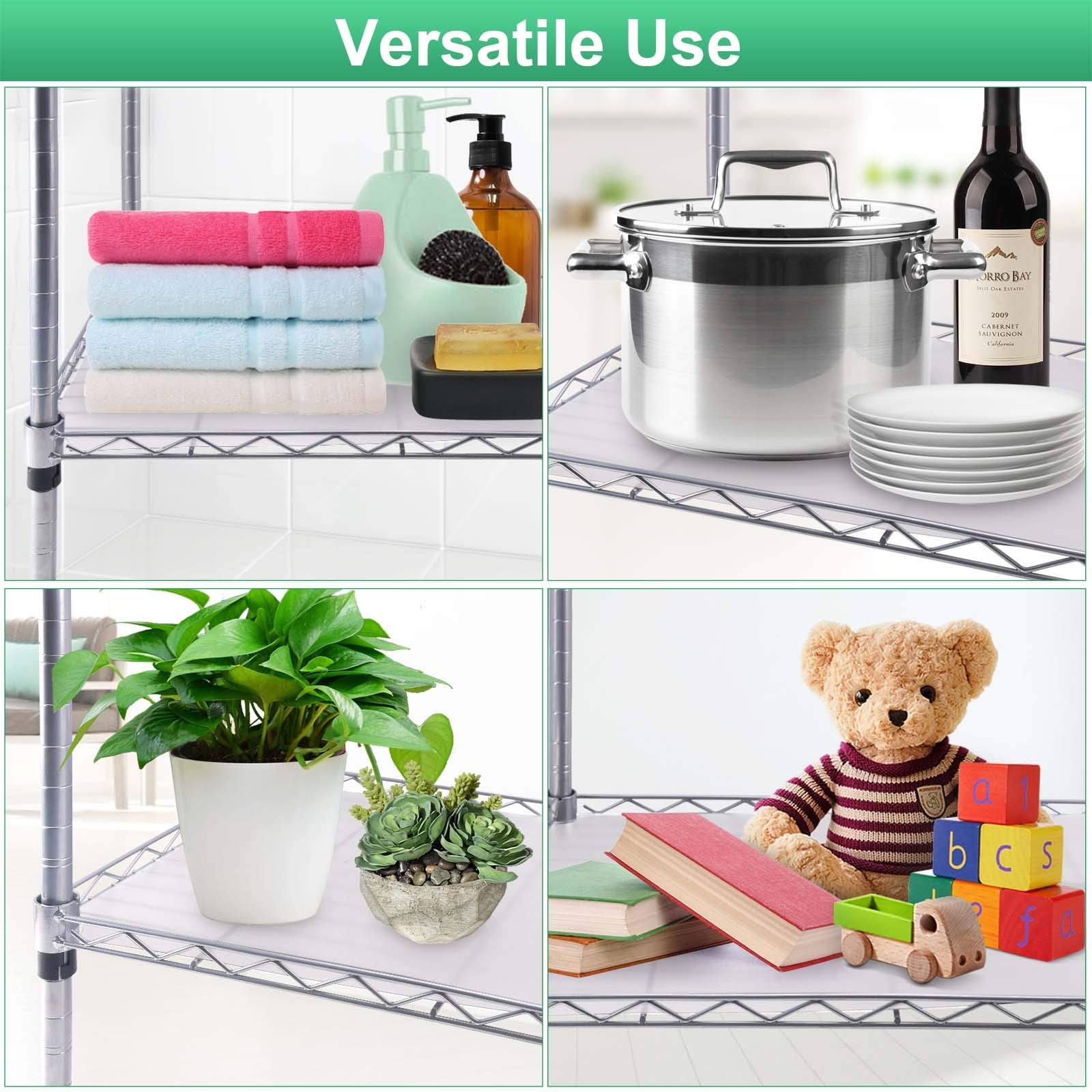 Shelving setup with liner protecting contents and reducing clutter.