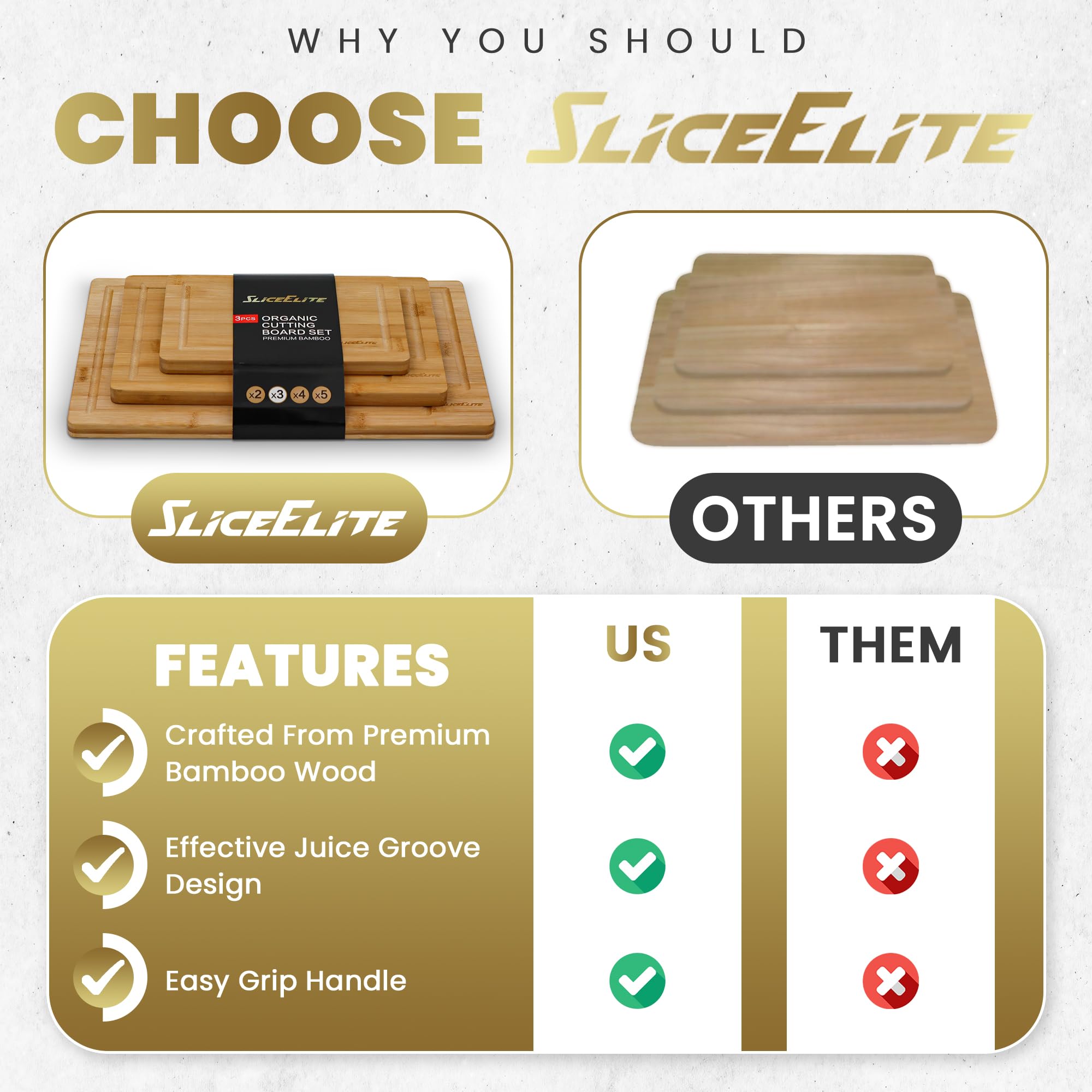 SliceElite 3pc bamboo cutting board set shown as versatile prep and serving boards.