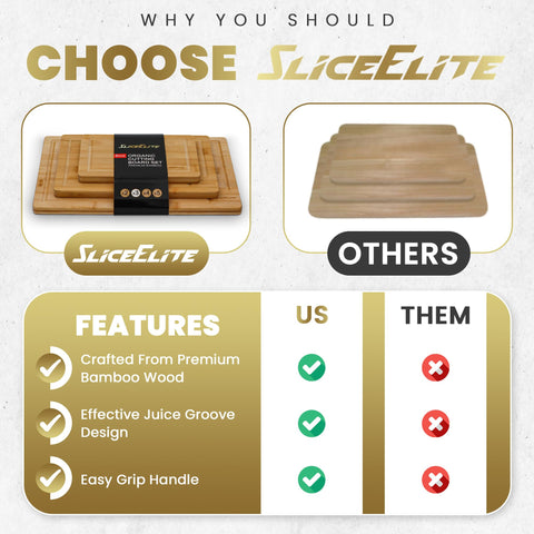 SliceElite 3pc bamboo cutting board set shown as versatile prep and serving boards.