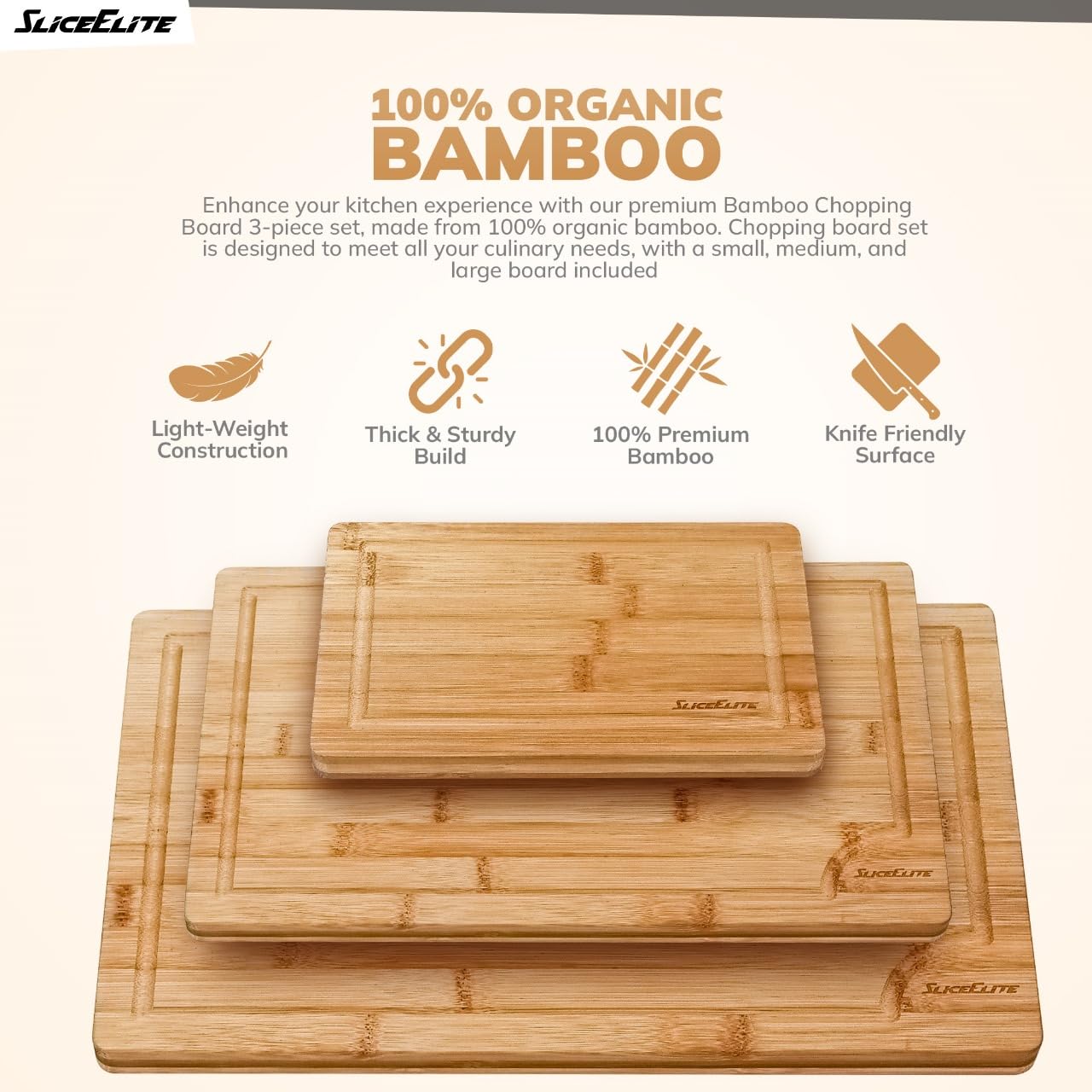 SliceElite bamboo board provides a knife-friendly surface to protect blades.