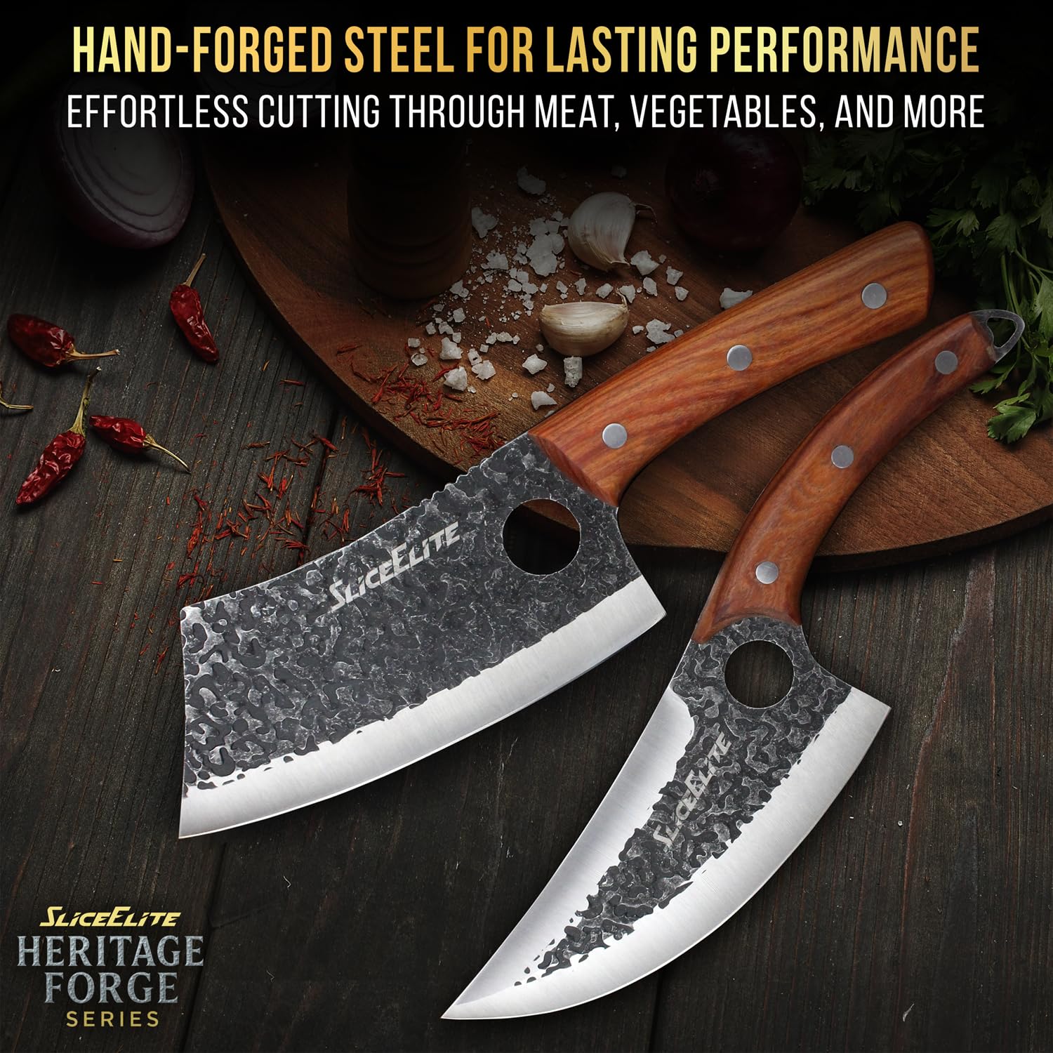 SliceElite hand-forged blade closeup showcases German steel craftsmanship.