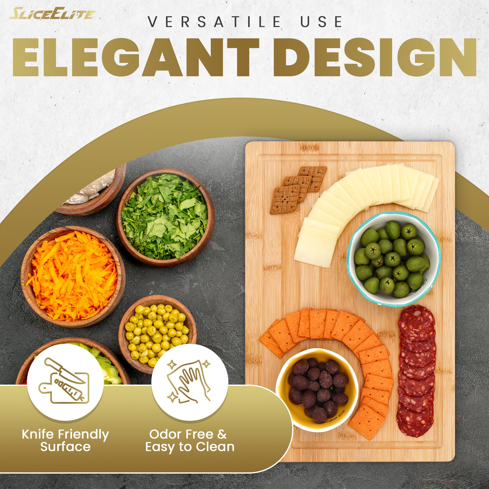 SliceElite medium bamboo board ideal for chopping vegetables and meat prep.