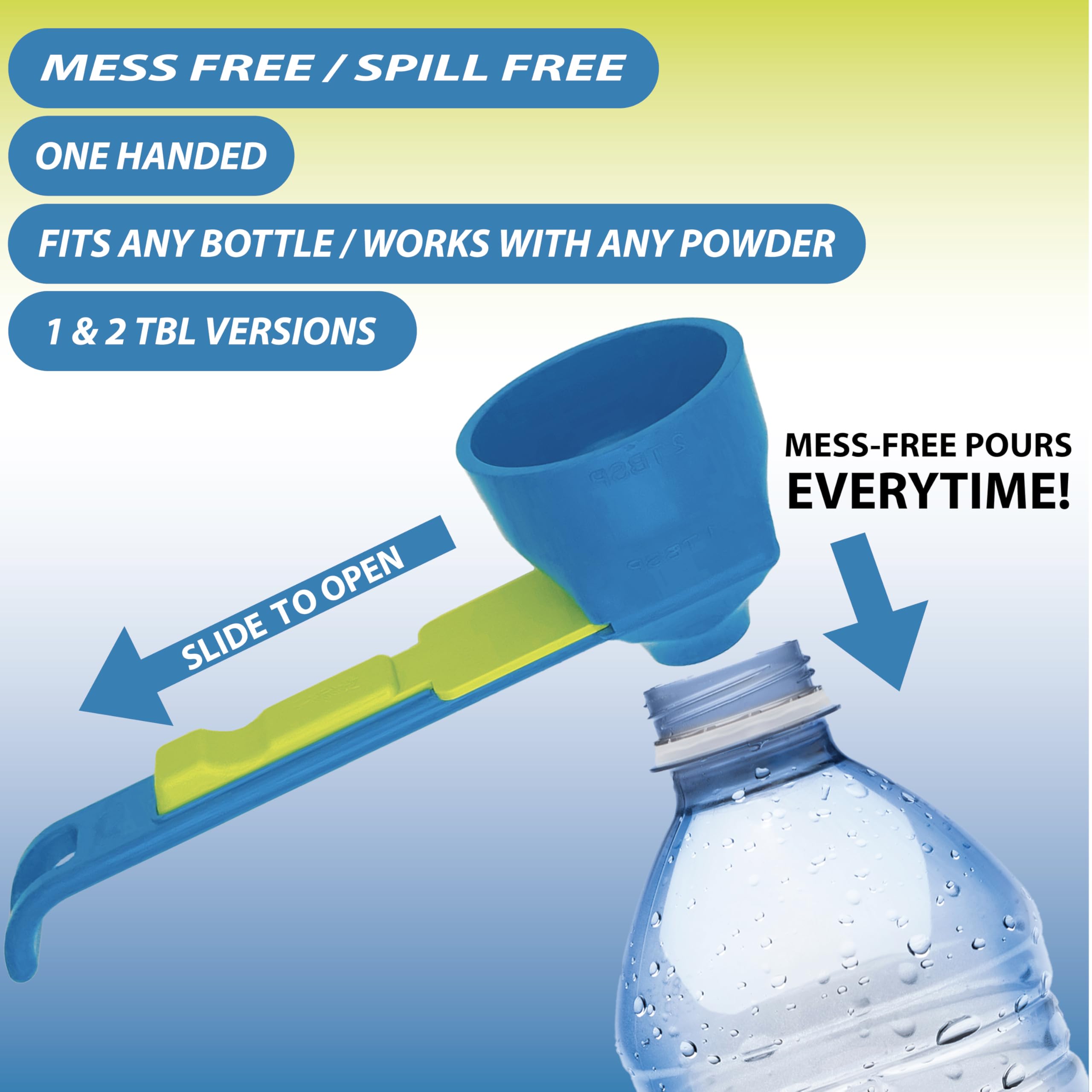 Slide Scoop pouring into a shaker bottle to prevent mess