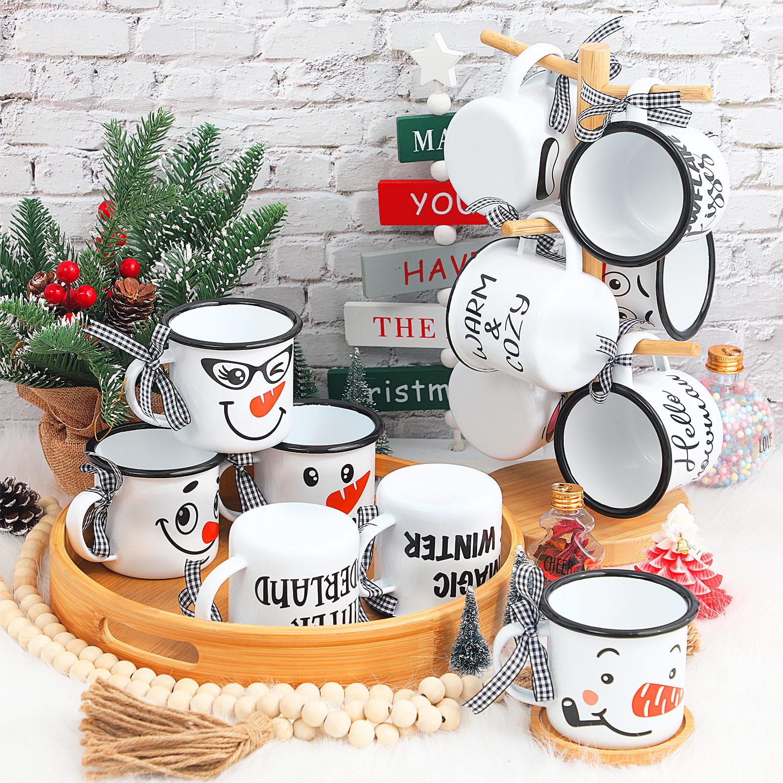 Sliner Christmas mugs on tiered tray create charming home decor