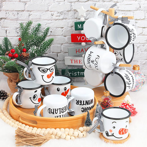 Sliner Christmas mugs on tiered tray create charming home decor
