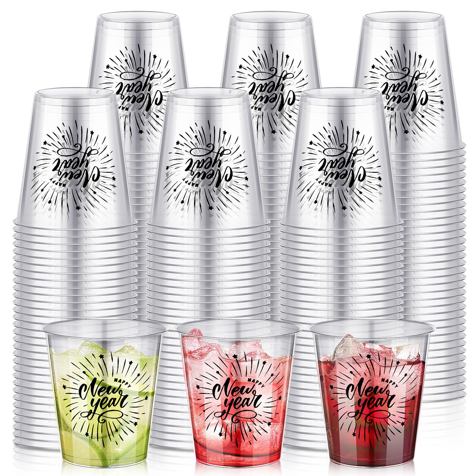 Sliner Happy New Year 2 oz shot glasses, clear and sturdy for celebrations.