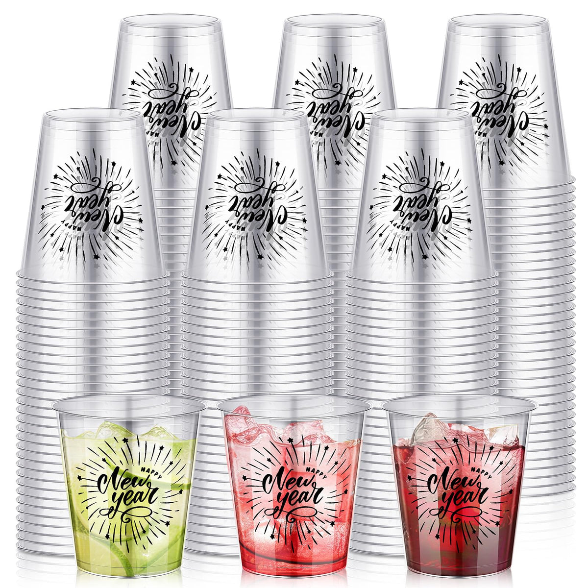 Sliner Happy New Year 2 oz shot glasses, clear and sturdy for celebrations.