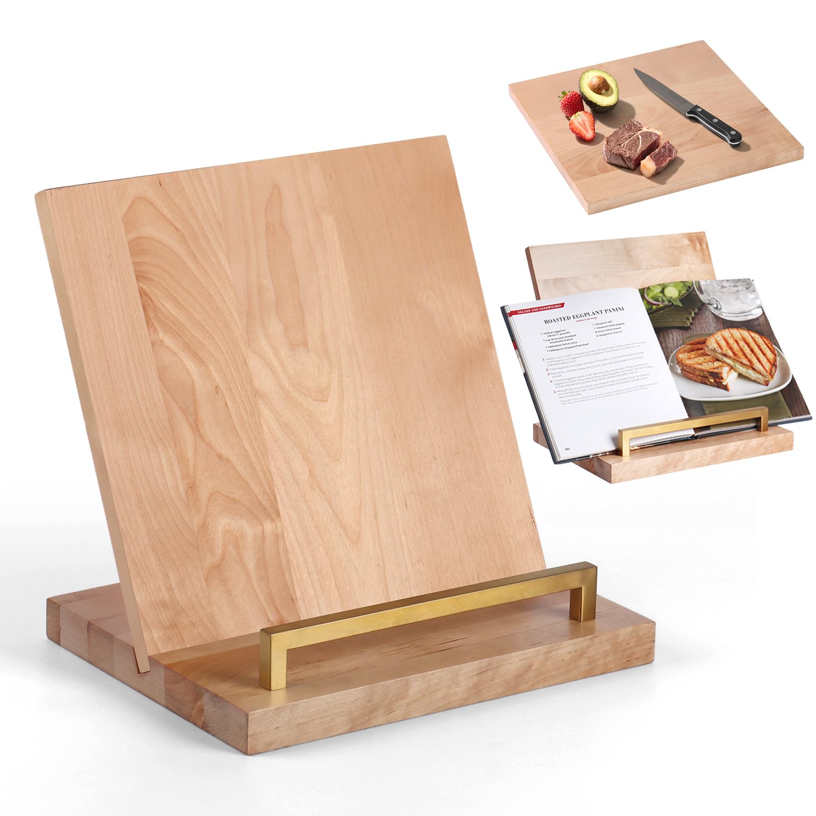 Slirike cookbook stand with removable cutting board in maple wood for recipe viewing