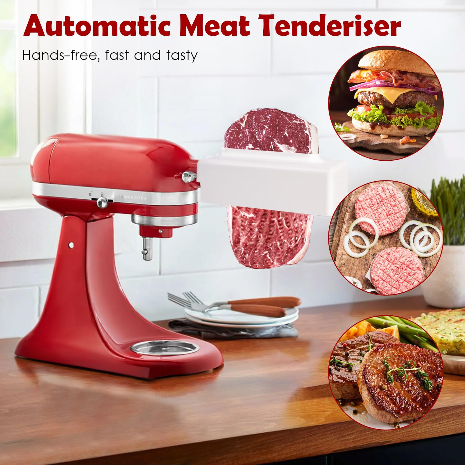 Slltto meat tenderizer stored beside mixer for easy access in a clutter-free space.