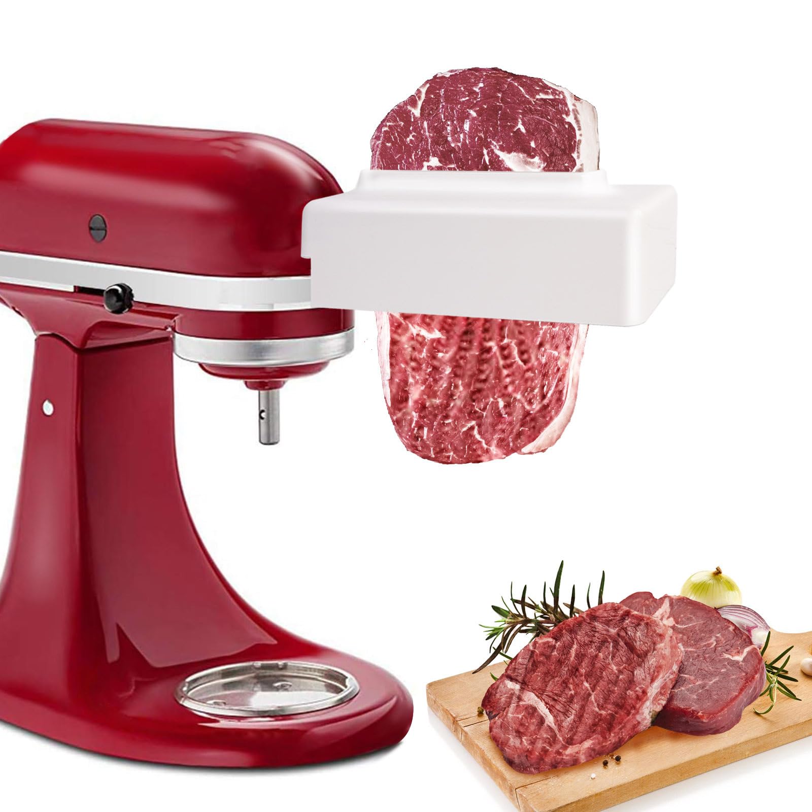 Slltto meat tenderizer attached to KitchenAid front port for quicker prep.