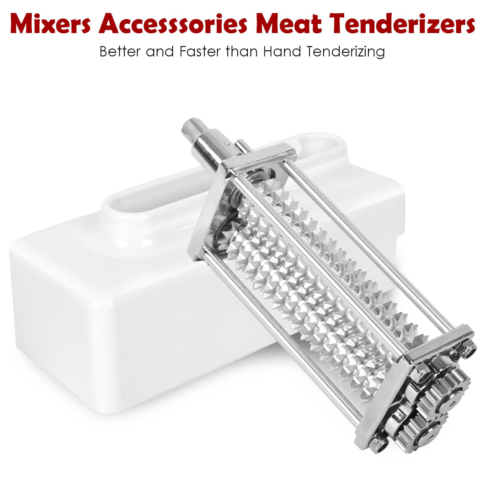 Slltto meat tenderizer stainless gears closeup shows durable, rust-resistant construction.