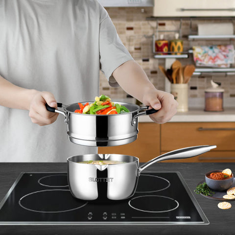 SLOTTET sauce pan with steamer basket enables healthy vegetable steaming.