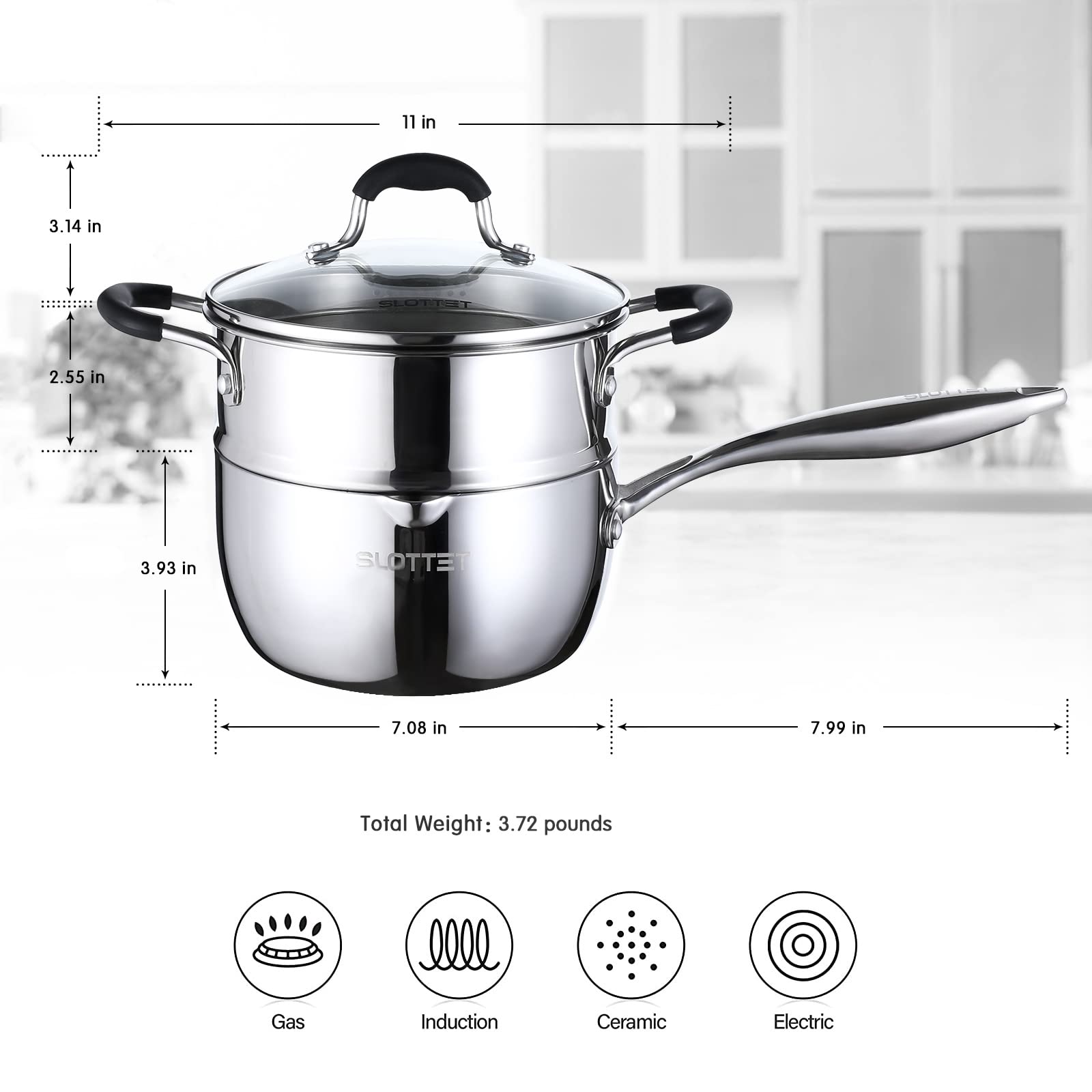 Oven-safe SLOTTET Tri-Ply saucepan up to 500°F without lid