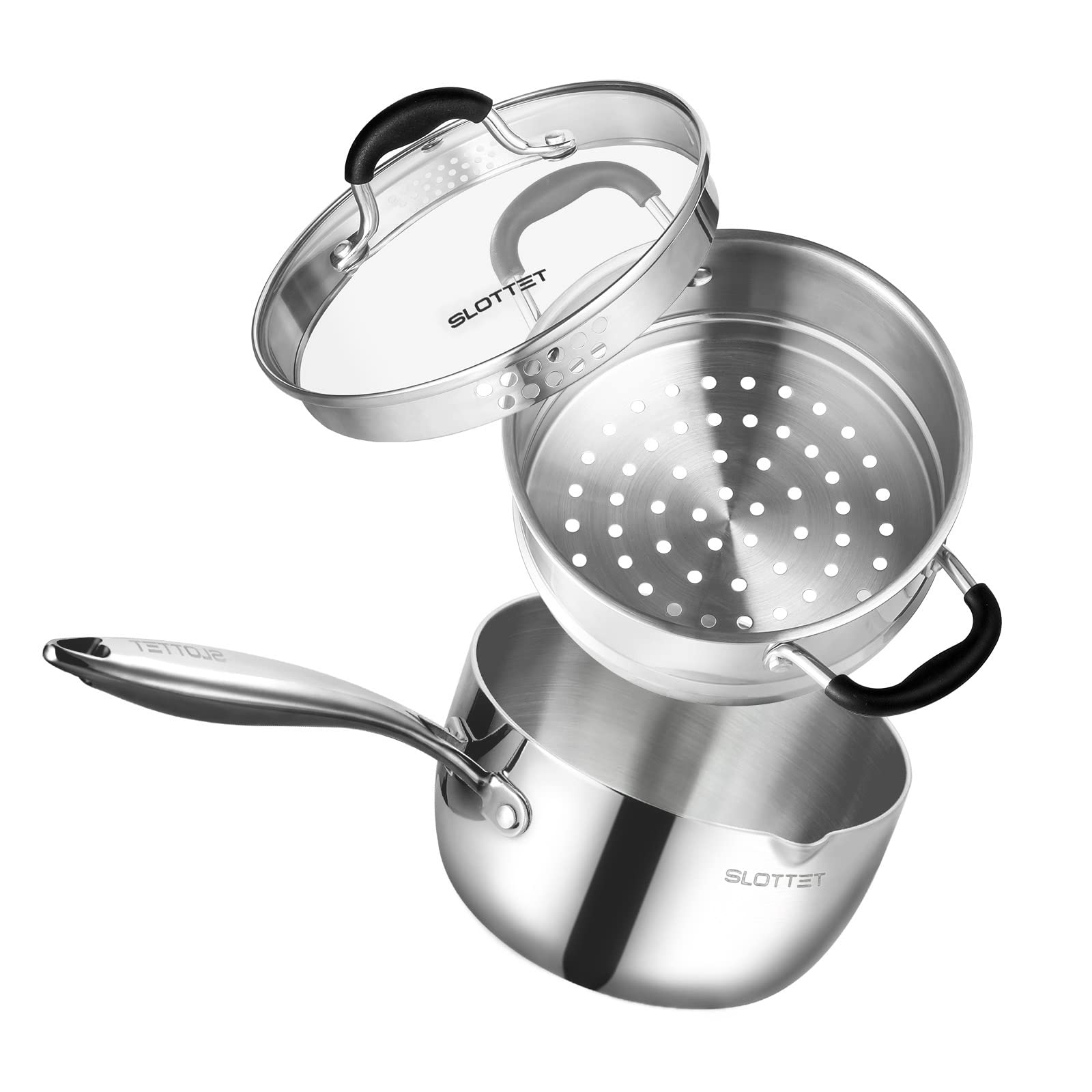 SLOTTET Tri-Ply saucepan with steamer lid for easy vegetable steaming