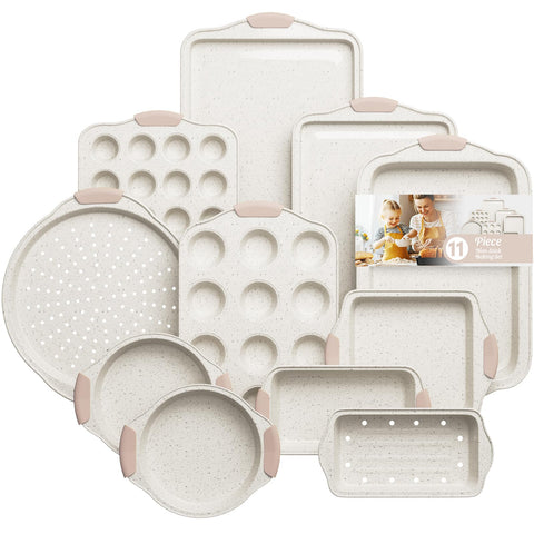 Slow Slog 11-piece baking set cookie sheets for even browning and easy food release.