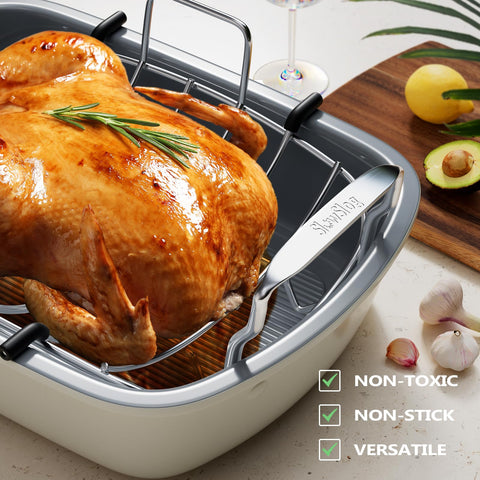 Slow Slog 17x13-inch roaster pan spacious for turkey and sides.