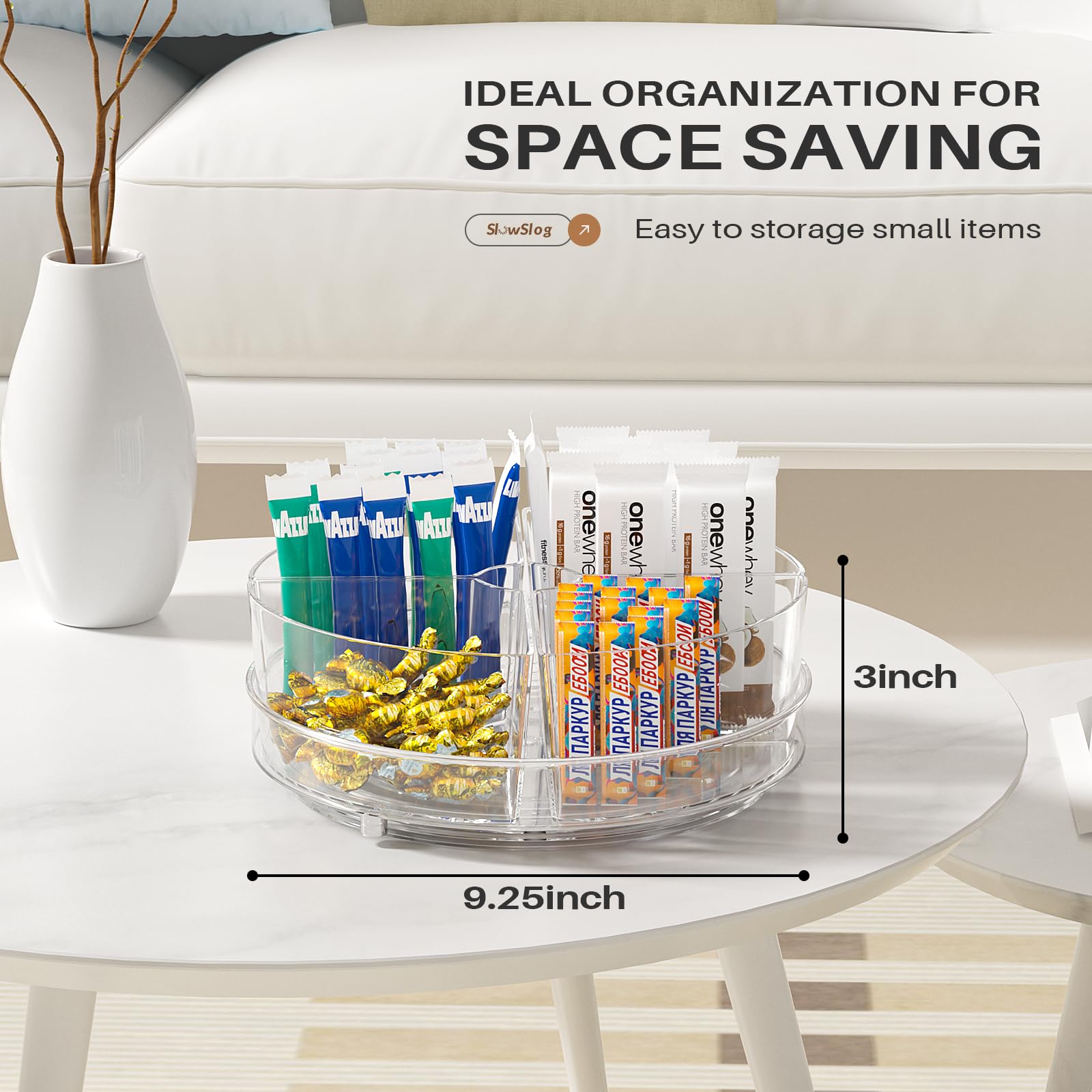 Slow Slog Lazy Susan fridge organization for condiments and sauces.