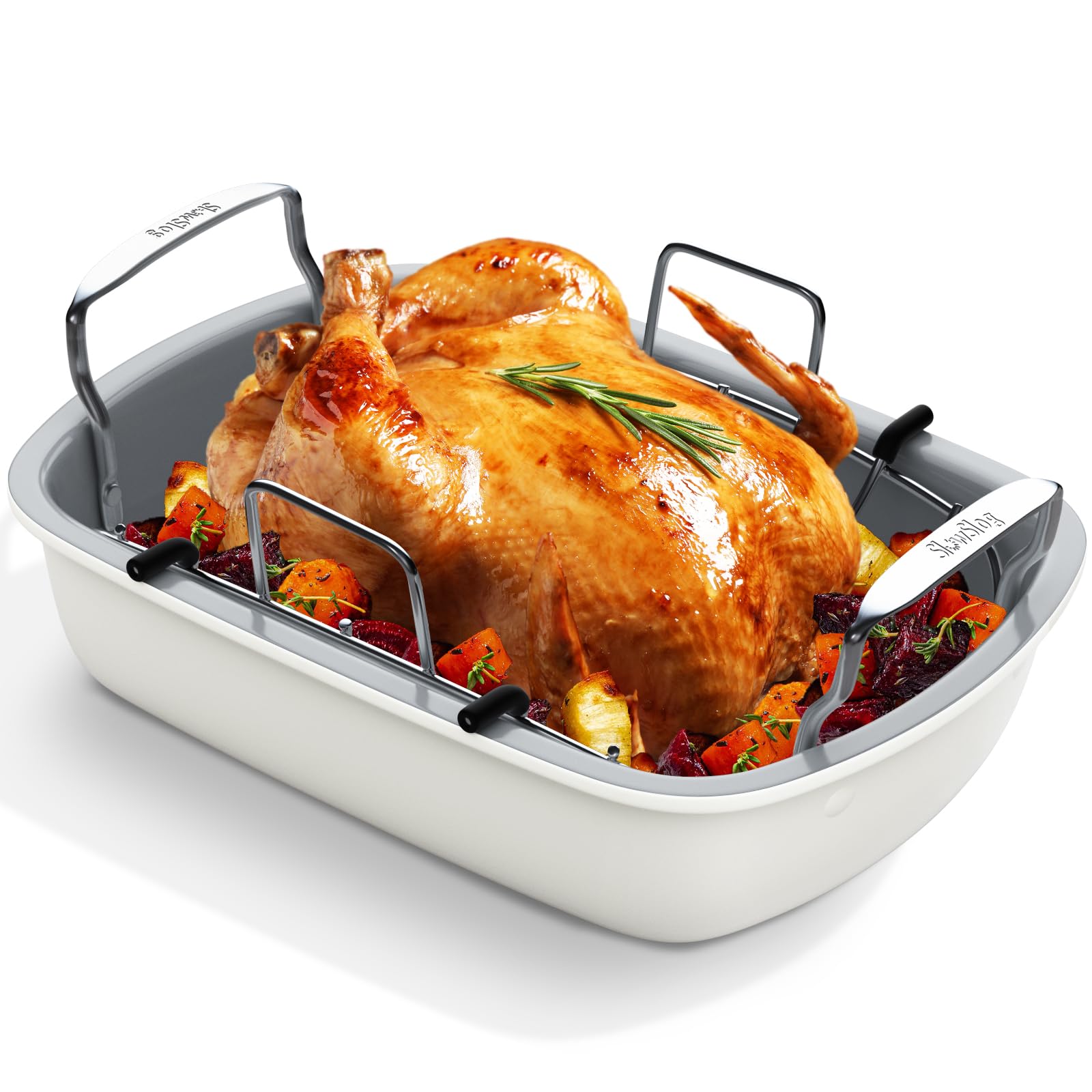 Slow Slog nonstick turkey roasting pan with rack for easy food release and fat drainage.