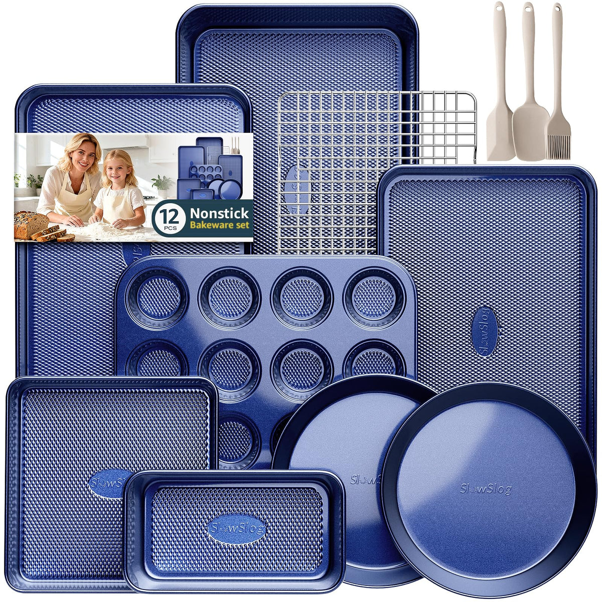 Slow Slog oven-safe bakeware set stacked neatly for compact storage and easy access.